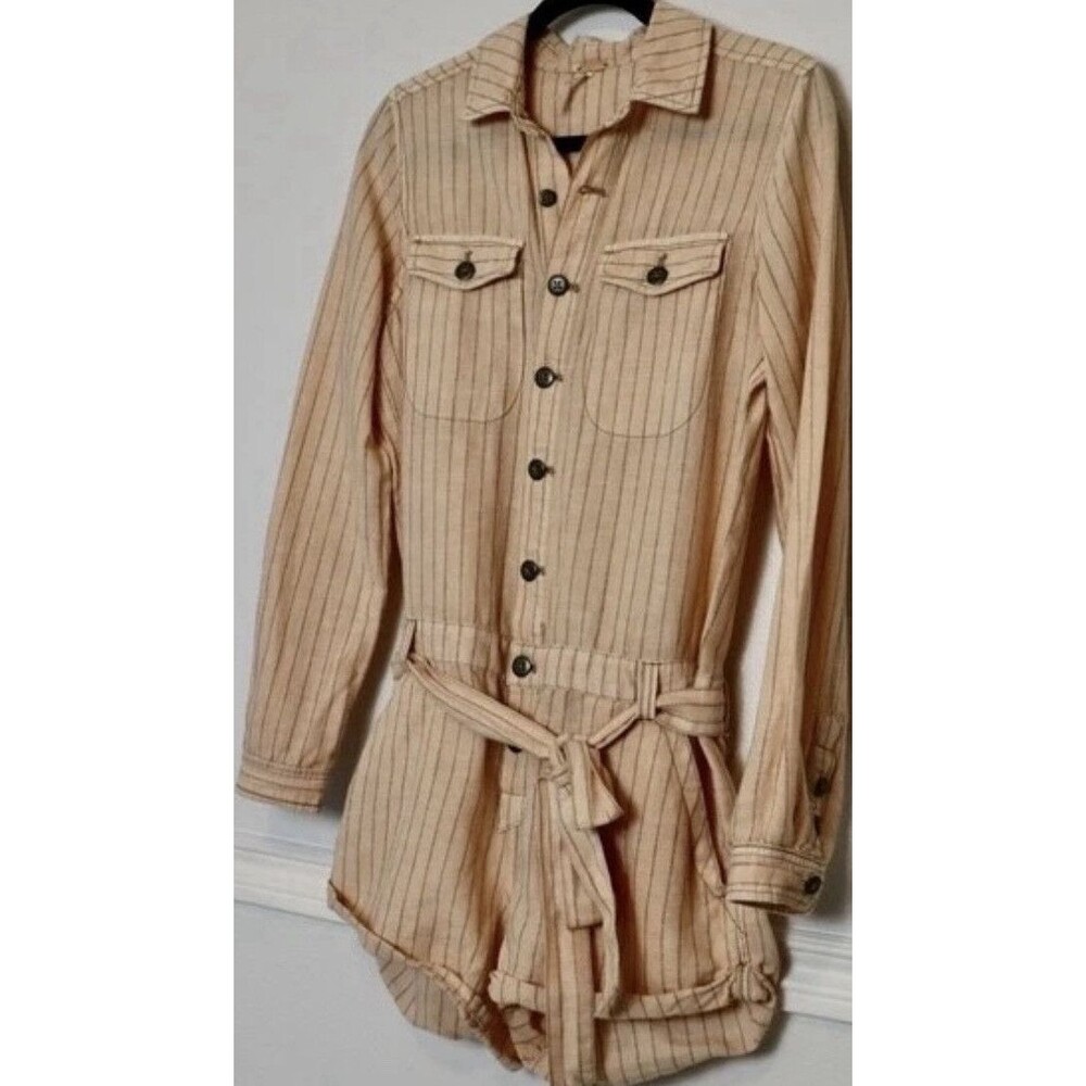 Free People Women’s Beige Striped Long Sleeve Collared Romper, Belted, Pockets